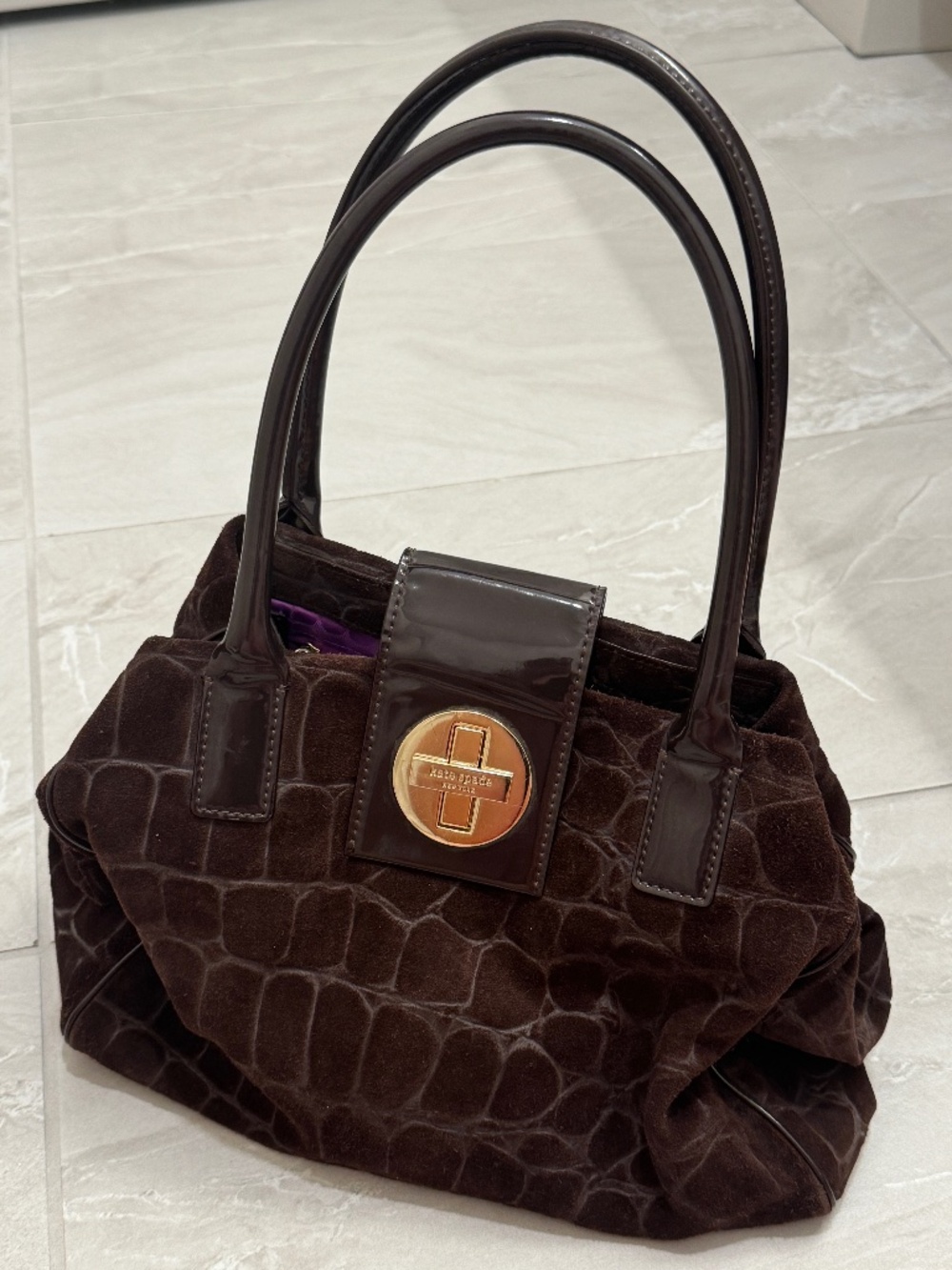 Kate Spade New York Brown Croc Embossed Suede Patent Leather Satchel Bag